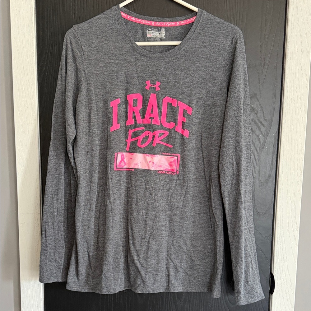 Under Armour Gray Long Sleeve Tee with Pink "I Race For" Graphic